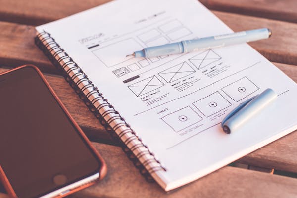 Website wireframe sketches on a desk — planning a professional business website